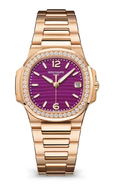 Patek Philippe Nautilus 32mm Diamond Bezel Rose Gold Purple Wave Dial 7010/1R-013 - WatchesOff5th